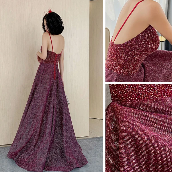 Bling Bling Burgundy Dancing Prom Dresses 2021 A-Line / Princess Spaghetti Straps Sleeveless Beading Glitter Polyester Floor-Length / Long Ruffle Backless Formal Dresses