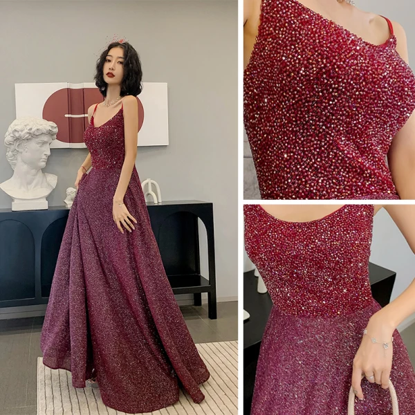 Bling Bling Burgundy Dancing Prom Dresses 2021 A-Line / Princess Spaghetti Straps Sleeveless Beading Glitter Polyester Floor-Length / Long Ruffle Backless Formal Dresses