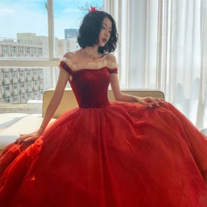 Vintage Retro Red Dancing Prom Dresses 2021 Princess Off The Shoulder Short Sleeve Beading Floor Length Long Ruffle Backless Formal Dresses