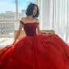 Vintage / Retro Red Dancing Prom Dresses 2021 Princess Off-The-Shoulder Short Sleeve Beading Floor-Length / Long Ruffle Backless Formal Dresses