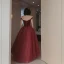 Vintage / Retro Red Dancing Prom Dresses 2021 Princess Off-The-Shoulder Short Sleeve Beading Floor-Length / Long Ruffle Backless Formal Dresses