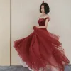 Vintage / Retro Red Dancing Prom Dresses 2021 Princess Off-The-Shoulder Short Sleeve Beading Floor-Length / Long Ruffle Backless Formal Dresses