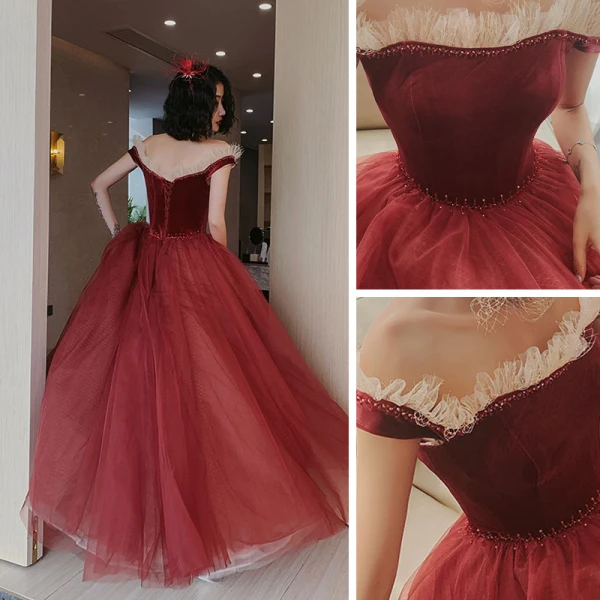 Vintage / Retro Red Dancing Prom Dresses 2021 Princess Off-The-Shoulder Short Sleeve Beading Floor-Length / Long Ruffle Backless Formal Dresses