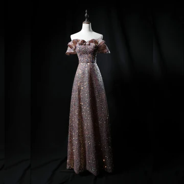 Sparkly Champagne Sequins Dancing Prom Dresses 2021 A Line Princess Off The Shoulder Short Sleeve Floor Length Long Backless Formal Dresses