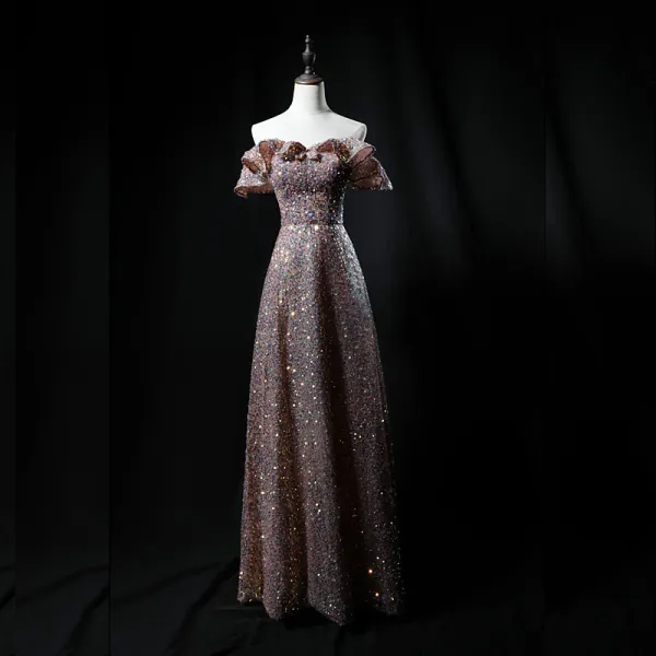 Sparkly Champagne Sequins Dancing Prom Dresses 2021 A-Line / Princess Off-The-Shoulder Short Sleeve Floor-Length / Long Backless Formal Dresses