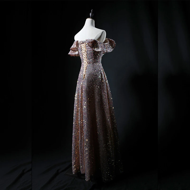 Sparkly Champagne Sequins Dancing Prom Dresses 2021 A Line Princess Off The  Shoulder Short Sleeve Floor Length Long Backless Formal Dresses