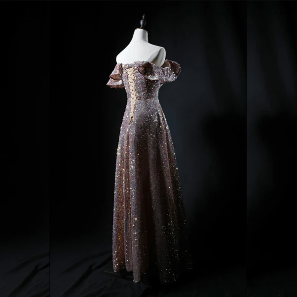 Sparkly Champagne Sequins Dancing Prom Dresses 2021 A-Line / Princess Off-The-Shoulder Short Sleeve Floor-Length / Long Backless Formal Dresses