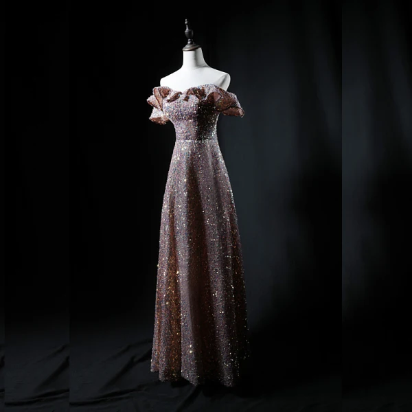 Sparkly Champagne Sequins Dancing Prom Dresses 2021 A-Line / Princess Off-The-Shoulder Short Sleeve Floor-Length / Long Backless Formal Dresses