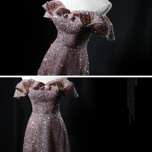 Sparkly Champagne Sequins Dancing Prom Dresses 2021 A-Line / Princess Off-The-Shoulder Short Sleeve Floor-Length / Long Backless Formal Dresses