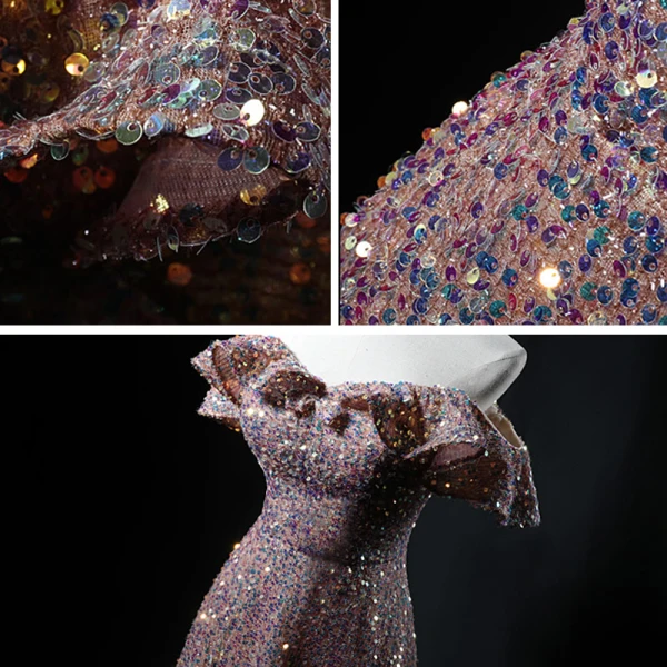 Sparkly Champagne Sequins Dancing Prom Dresses 2021 A-Line / Princess Off-The-Shoulder Short Sleeve Floor-Length / Long Backless Formal Dresses