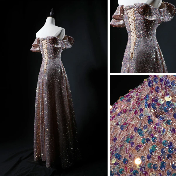 Sparkly Champagne Sequins Dancing Prom Dresses 2021 A-Line / Princess Off-The-Shoulder Short Sleeve Floor-Length / Long Backless Formal Dresses