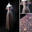 Sparkly Champagne Sequins Dancing Prom Dresses 2021 A-Line / Princess Off-The-Shoulder Short Sleeve Floor-Length / Long Backless Formal Dresses
