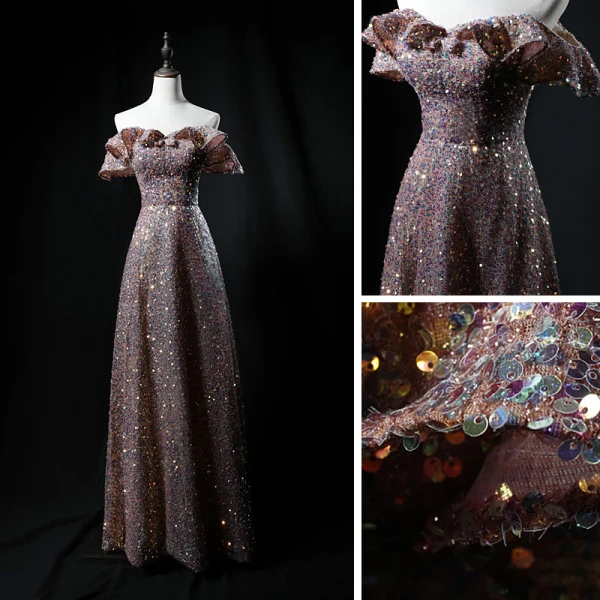 Sparkly Champagne Sequins Dancing Prom Dresses 2021 A-Line / Princess Off-The-Shoulder Short Sleeve Floor-Length / Long Backless Formal Dresses