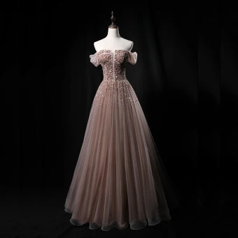 Elegant Khaki Prom Dresses 2021 A Line Princess Off The Shoulder Short Sleeve Sequins Beading Floor Length Long Ruffle Backless Formal Dresses