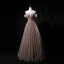Elegant Khaki Prom Dresses 2021 A-Line / Princess Off-The-Shoulder Short Sleeve Sequins Beading Floor-Length / Long Ruffle Backless Formal Dresses
