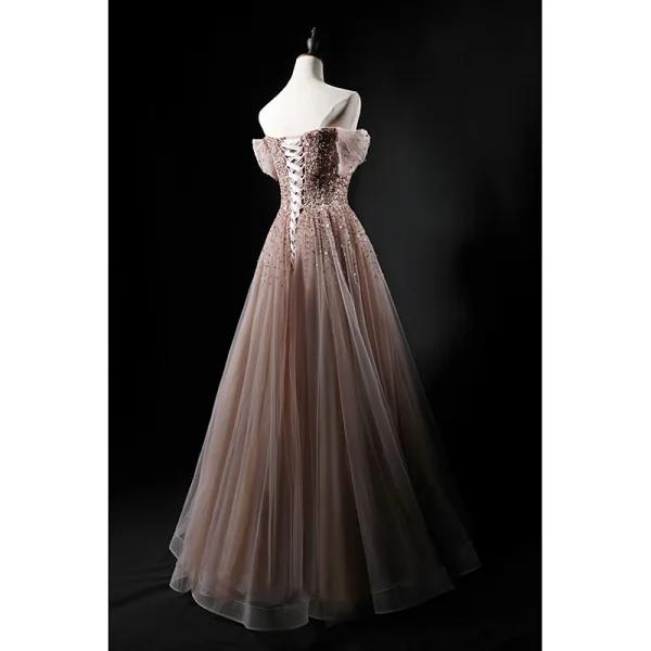 Elegant Khaki Prom Dresses 2021 A-Line / Princess Off-The-Shoulder Short Sleeve Sequins Beading Floor-Length / Long Ruffle Backless Formal Dresses