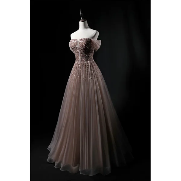 Elegant Khaki Prom Dresses 2021 A-Line / Princess Off-The-Shoulder Short Sleeve Sequins Beading Floor-Length / Long Ruffle Backless Formal Dresses