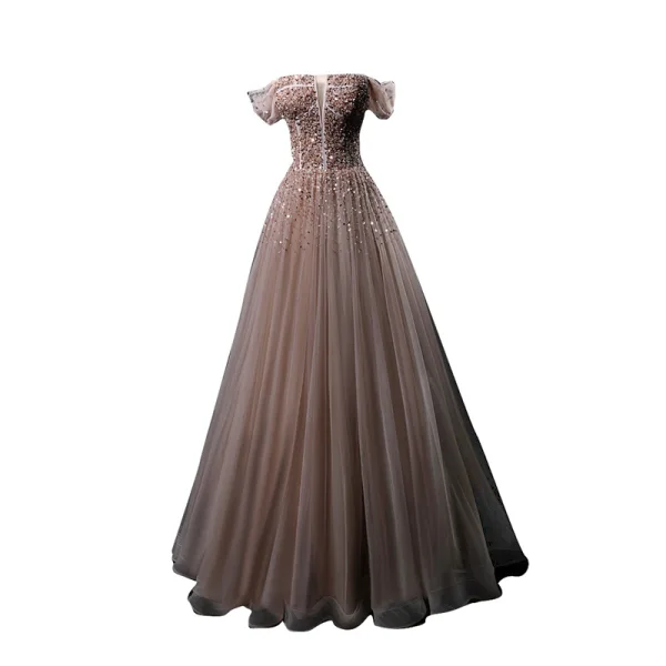 Elegant Khaki Prom Dresses 2021 A-Line / Princess Off-The-Shoulder Short Sleeve Sequins Beading Floor-Length / Long Ruffle Backless Formal Dresses