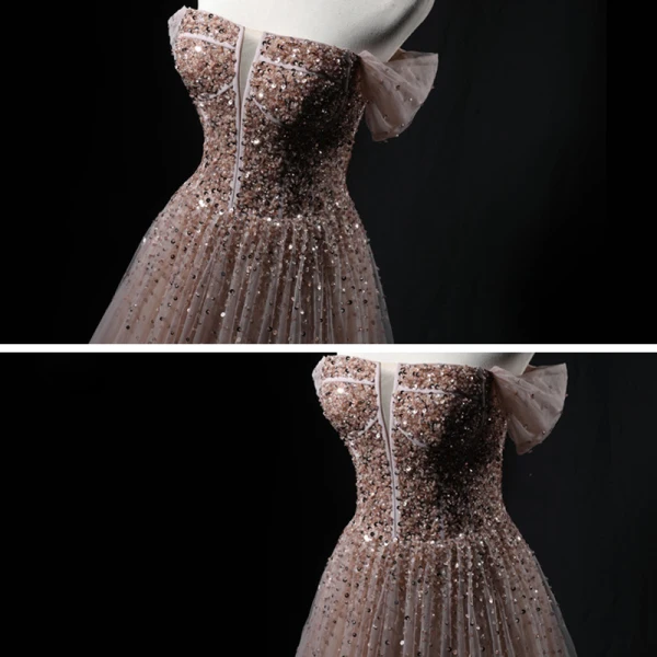 Elegant Khaki Prom Dresses 2021 A-Line / Princess Off-The-Shoulder Short Sleeve Sequins Beading Floor-Length / Long Ruffle Backless Formal Dresses