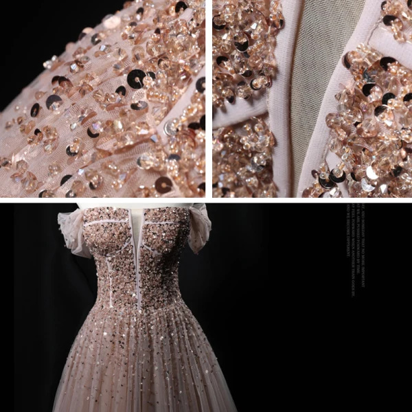 Elegant Khaki Prom Dresses 2021 A-Line / Princess Off-The-Shoulder Short Sleeve Sequins Beading Floor-Length / Long Ruffle Backless Formal Dresses