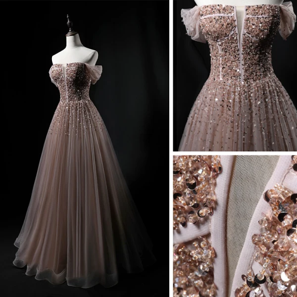 Elegant Khaki Prom Dresses 2021 A-Line / Princess Off-The-Shoulder Short Sleeve Sequins Beading Floor-Length / Long Ruffle Backless Formal Dresses