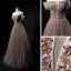 Elegant Khaki Prom Dresses 2021 A-Line / Princess Off-The-Shoulder Short Sleeve Sequins Beading Floor-Length / Long Ruffle Backless Formal Dresses