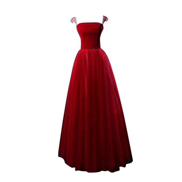 Chic / Beautiful Burgundy Dancing Prom Dresses 2021 A-Line / Princess Shoulders Sleeveless Beading Floor-Length / Long Ruffle Backless Formal Dresses