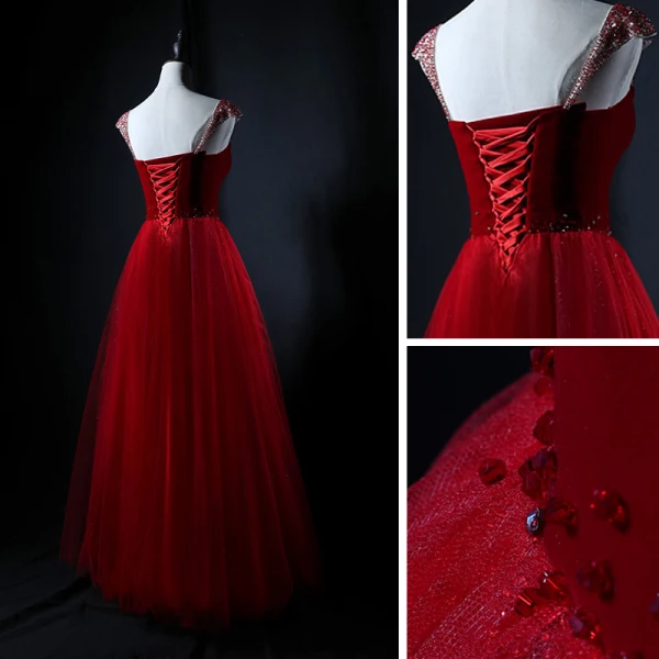 Chic / Beautiful Burgundy Dancing Prom Dresses 2021 A-Line / Princess Shoulders Sleeveless Beading Floor-Length / Long Ruffle Backless Formal Dresses