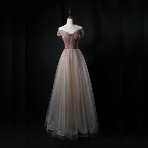 Charming Champagne Dancing Prom Dresses 2021 A Line Princess Off The Shoulder Short Sleeve Beading Glitter Tulle Floor Length Long Ruffle Backless Formal Dresses