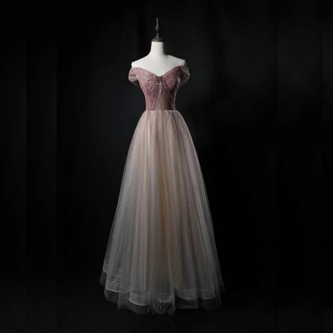 Encantador Champán Bailando Vestidos de gala 2021 A-Line / Princess Fuera Del Hombro Manga Corta Rebordear Glitter Tul Largos Ruffle Sin Espalda Vestidos Formales
