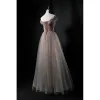 Charming Champagne Dancing Prom Dresses 2021 A-Line / Princess Off-The-Shoulder Short Sleeve Beading Glitter Tulle Floor-Length / Long Ruffle Backless Formal Dresses