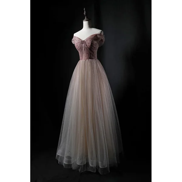 Charmant Champagne Dansant Robe De Bal 2021 Princesse De l'épaule Manches Courtes Perlage Glitter Tulle Longue Volants Dos Nu Robe De Ceremonie