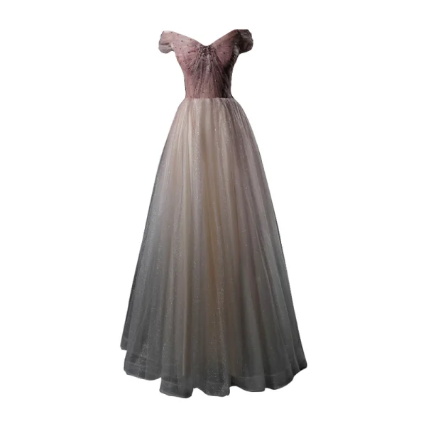 Charmant Champagne Dansant Robe De Bal 2021 Princesse De l'épaule Manches Courtes Perlage Glitter Tulle Longue Volants Dos Nu Robe De Ceremonie