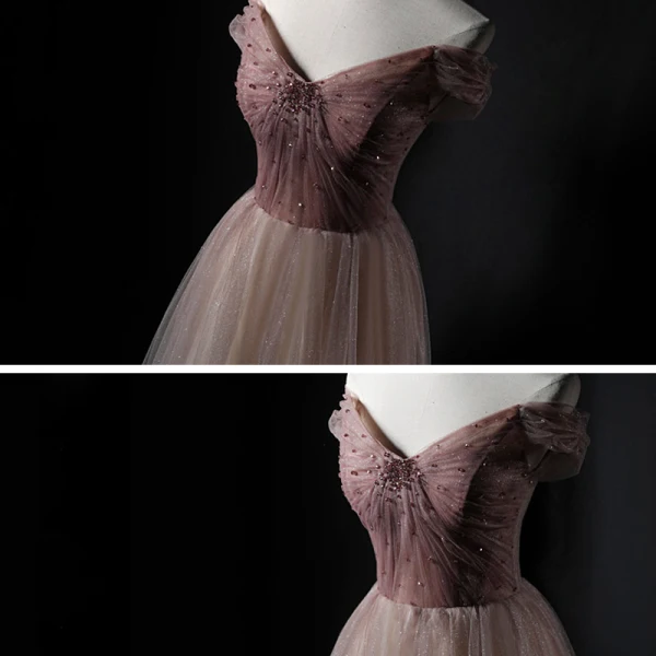 Charmant Champagne Dansant Robe De Bal 2021 Princesse De l'épaule Manches Courtes Perlage Glitter Tulle Longue Volants Dos Nu Robe De Ceremonie