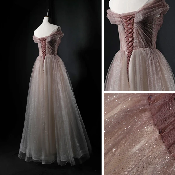 Charmant Champagne Dansant Robe De Bal 2021 Princesse De l'épaule Manches Courtes Perlage Glitter Tulle Longue Volants Dos Nu Robe De Ceremonie