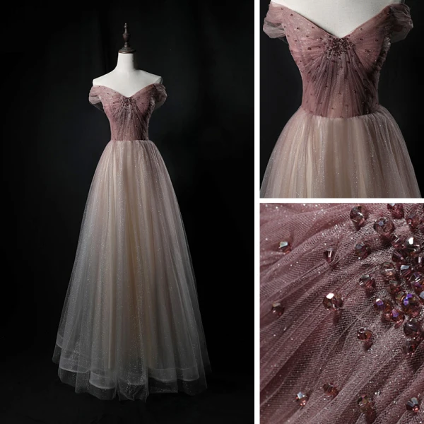 Charmant Champagne Dansant Robe De Bal 2021 Princesse De l'épaule Manches Courtes Perlage Glitter Tulle Longue Volants Dos Nu Robe De Ceremonie