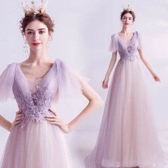 Chic Belle Lavande Robe De Bal 2021 Princesse Transparentes Col V Profond Sans Manches Appliques En Dentelle Perlage Train De Balayage Volants Dos Nu Robe De Ceremonie