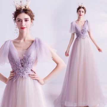 Chic Belle Lavande Robe De Bal 2021 Princesse Transparentes Col V Profond Sans Manches Appliques En Dentelle Perlage Train De Balayage Volants Dos Nu Robe De Ceremonie
