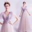 Chic / Belle Lavande Robe De Bal 2021 Princesse Transparentes Col v profond Sans Manches Appliques En Dentelle Perlage Train De Balayage Volants Dos Nu Robe De Ceremonie