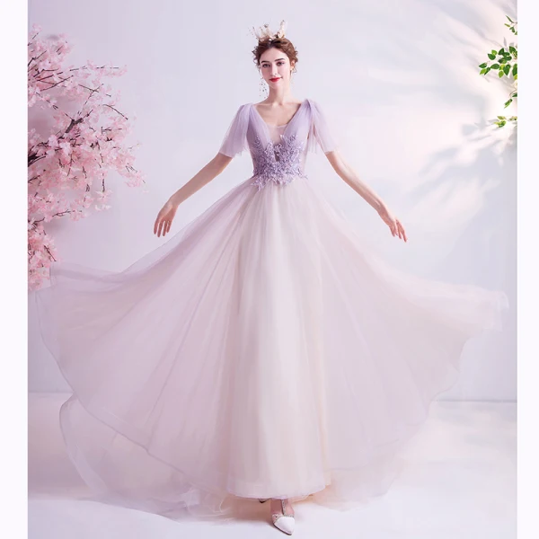 Chic / Belle Lavande Robe De Bal 2021 Princesse Transparentes Col v profond Sans Manches Appliques En Dentelle Perlage Train De Balayage Volants Dos Nu Robe De Ceremonie