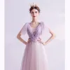 Chic / Beautiful Lavender Prom Dresses 2021 A-Line / Princess See-through Deep V-Neck Sleeveless Appliques Lace Beading Sweep Train Ruffle Backless Formal Dresses