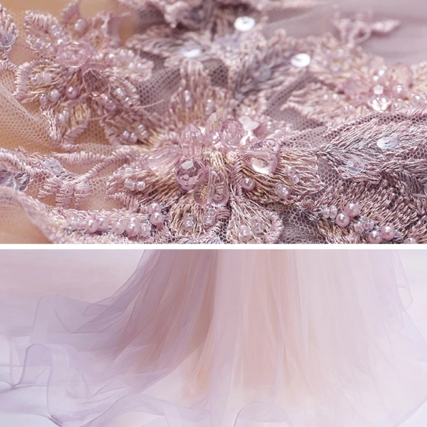 Chic / Belle Lavande Robe De Bal 2021 Princesse Transparentes Col v profond Sans Manches Appliques En Dentelle Perlage Train De Balayage Volants Dos Nu Robe De Ceremonie