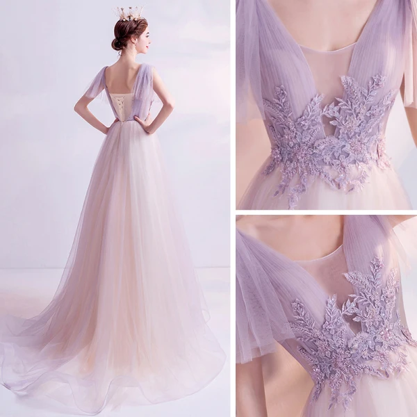 Chic / Belle Lavande Robe De Bal 2021 Princesse Transparentes Col v profond Sans Manches Appliques En Dentelle Perlage Train De Balayage Volants Dos Nu Robe De Ceremonie