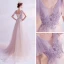 Chic / Belle Lavande Robe De Bal 2021 Princesse Transparentes Col v profond Sans Manches Appliques En Dentelle Perlage Train De Balayage Volants Dos Nu Robe De Ceremonie