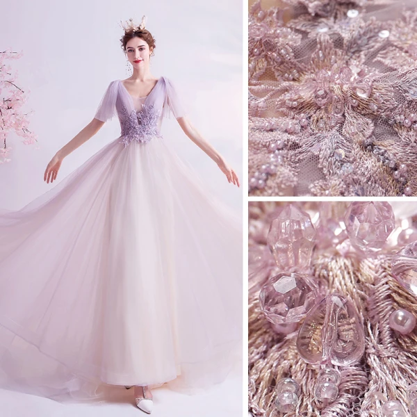 Chic / Belle Lavande Robe De Bal 2021 Princesse Transparentes Col v profond Sans Manches Appliques En Dentelle Perlage Train De Balayage Volants Dos Nu Robe De Ceremonie