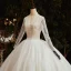 Illusion Ivory Bridal Wedding Dresses 2021 Ball Gown V-Neck Long Sleeve Appliques Lace Beading Glitter Tulle Cathedral Train Ruffle