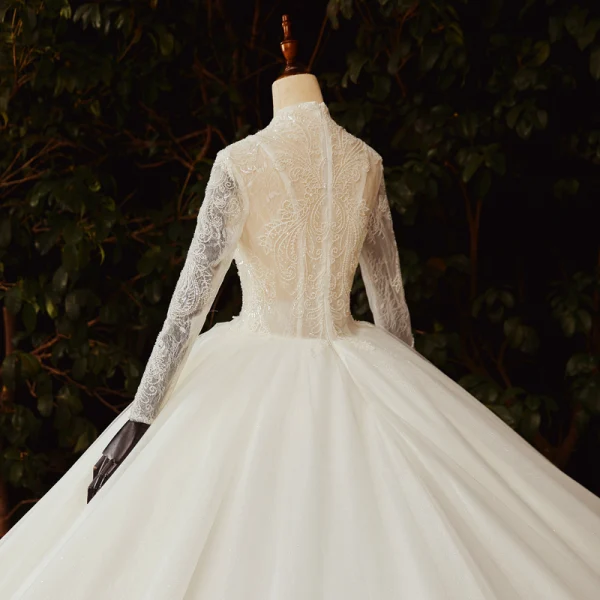 Illusion Ivory Bridal Wedding Dresses 2021 Ball Gown V-Neck Long Sleeve Appliques Lace Beading Glitter Tulle Cathedral Train Ruffle