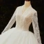 Illusion Ivory Bridal Wedding Dresses 2021 Ball Gown V-Neck Long Sleeve Appliques Lace Beading Glitter Tulle Cathedral Train Ruffle