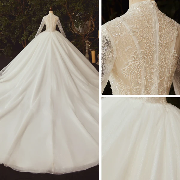 Illusion Ivory Bridal Wedding Dresses 2021 Ball Gown V-Neck Long Sleeve Appliques Lace Beading Glitter Tulle Cathedral Train Ruffle