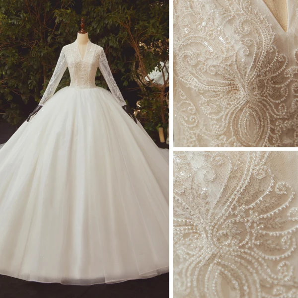Illusion Ivory Bridal Wedding Dresses 2021 Ball Gown V-Neck Long Sleeve Appliques Lace Beading Glitter Tulle Cathedral Train Ruffle
